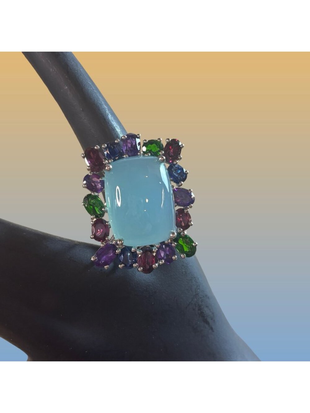 Multicolor Gemstone Sterling Silver Chalcedony Aqua Center Stone Statement Ring
